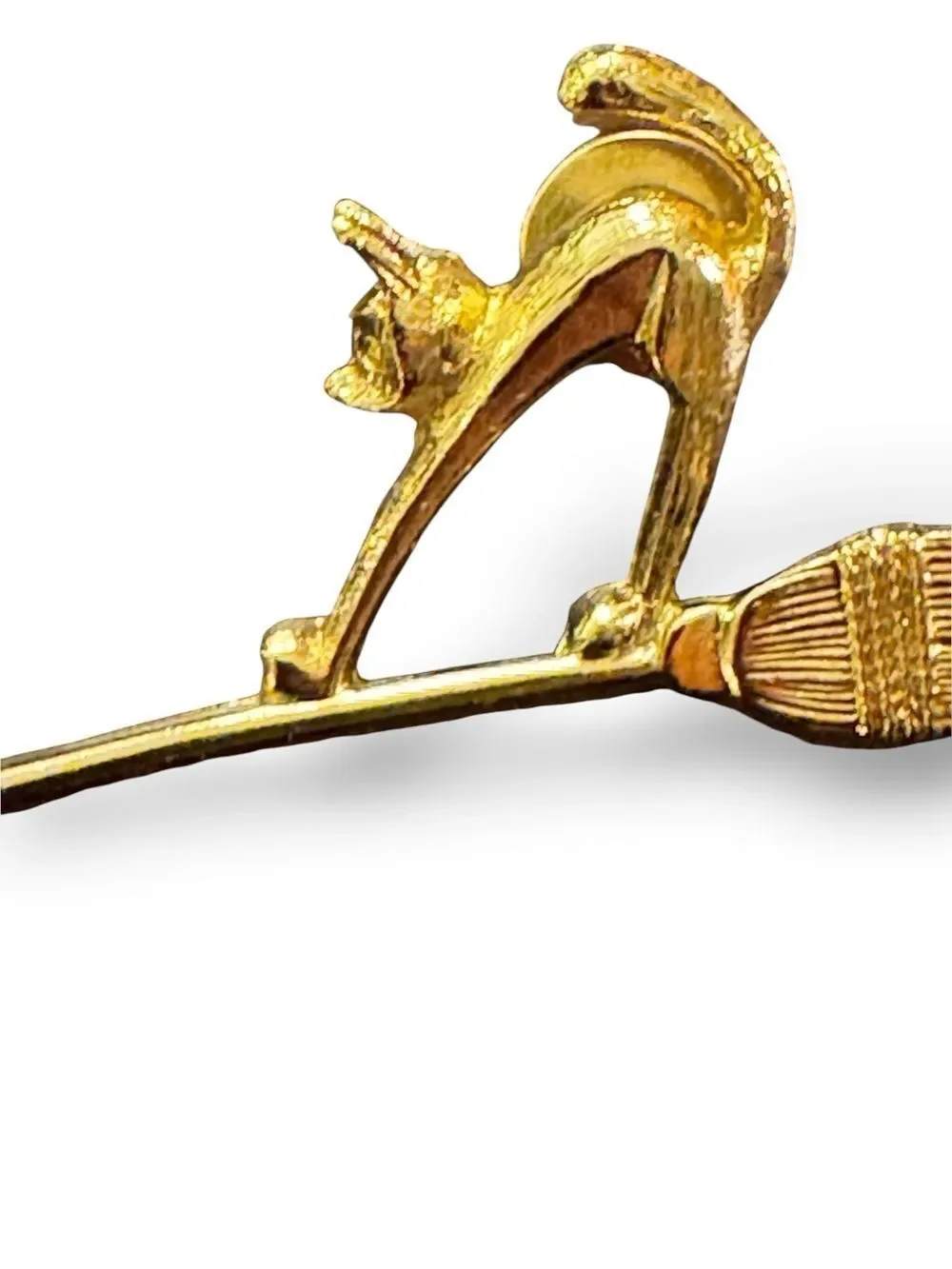 Vintage Avon Gold Cat on Broomstick Brooch Pin